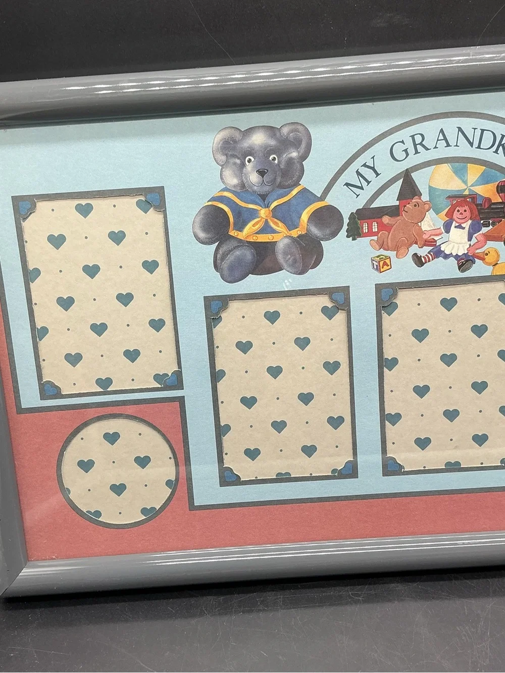 Vintage My Grandkids Photo Collage Frame with Blue and Pink Teddy Accents